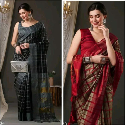 Rofolav Embellished, Solid/Plain, Striped Daily Wear Chanderi, Cotton Silk Saree(Pack of 2, Multicolor)