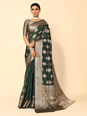 SHRIMAY Embellished, Woven, Self Design Bollywood Net, Organza Saree(Dark Green)