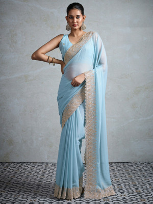 Sareemall Embellished Bollywood Georgette Saree(Light Blue)