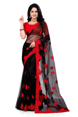 usharvi Self Design, Embroidered Bollywood Net Saree(Red, Black)