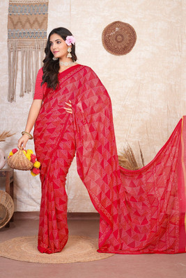 zamuna Geometric Print Daily Wear Georgette Saree(Red)