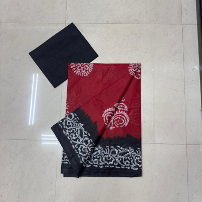 JANKI RAVI Printed Daily Wear Pure Cotton Saree(Red, Black)