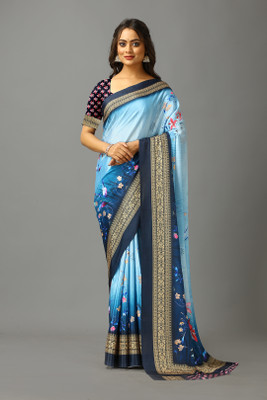 Virendra Textiles Printed Daily Wear Cotton Blend Saree(Blue)