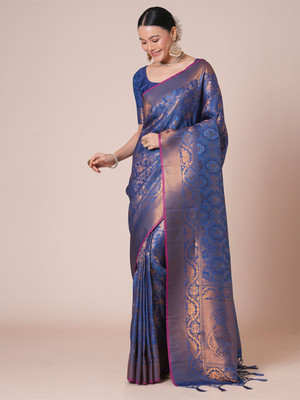 House of Pataudi Woven Kanjivaram Silk Blend Saree(Dark Blue)