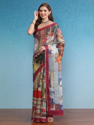 SILK ZONE Digital Print Banarasi Cotton Silk Saree(Multicolor)