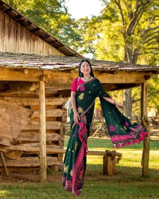 Ramani brothers Woven Mekhela Chador Cotton Silk Saree(Green)