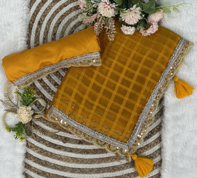 RUCHKET Checkered Bollywood Chiffon Saree(Yellow)