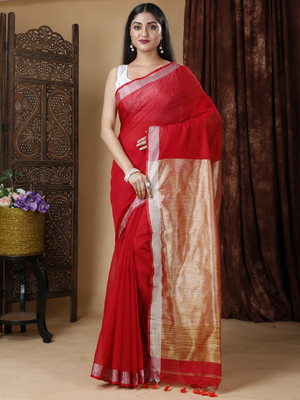 Ruuprekha Solid/Plain Handloom Cotton Silk Saree(Red)