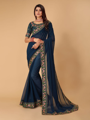 Tejal Creation Solid/Plain Bollywood Georgette Saree(Blue)