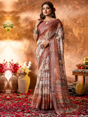 Divastri Printed Hand Batik Linen Saree(Brown)