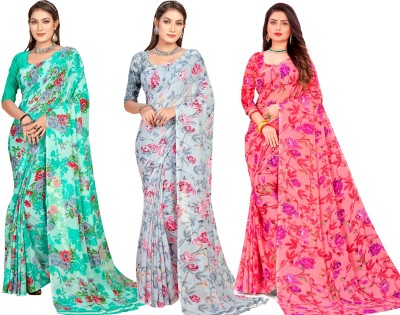 Dori Floral Print Daily Wear Georgette Saree(Pack of 3, Light Blue, Grey, Pink)