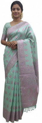 Aakriti Creation Printed, Paisley, Floral Print Banarasi Cotton Silk Saree(Blue)