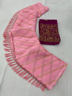 Vichitra Embellished, Embroidered Bollywood Chiffon, Silk Blend Saree(Pink)