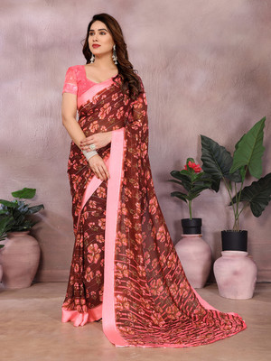 Anand Sarees Floral Print Saree with Attached Blouse Georgette, Satin Saree(Brown, Pink)