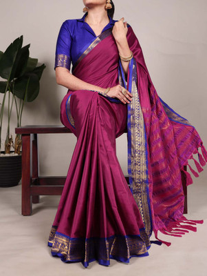 The Style Sanctuary Solid/Plain, Striped, Woven Bollywood Cotton Silk Saree(Yellow)