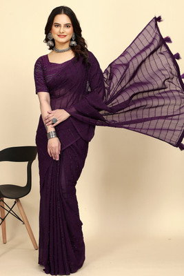 SAADHYA CREATION Embroidered, Solid/Plain Bollywood Chiffon Saree(Purple)