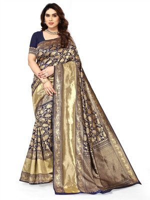 VAGHANI TEX Woven, Self Design Banarasi Silk Blend Saree(Dark Blue)