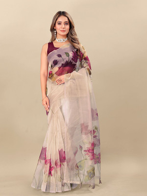 ANOUK Printed Saree with Attached Blouse Organza Saree(Beige)
