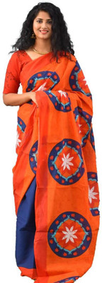 Kiaaron Printed Handloom Pure Cotton Saree(Orange)