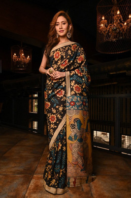 PHEASANT Digital Print Bollywood Cotton Linen Saree(Black)