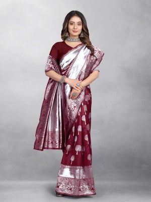 Hinayat Fashion Self Design, Printed, Embroidered, Woven, Embellished Kanjivaram Pure Silk, Cotton Silk Saree(Maroon)