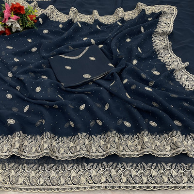 SHUBHDRASHTI NX Embroidered Bollywood Organza Saree(Dark Blue)