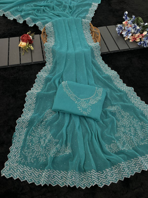Jennyfab Embellished Bollywood Organza Saree(Light Blue)