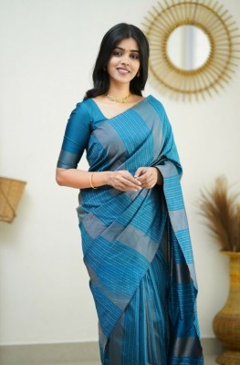 V V FASHION Printed Jamdani Cotton Silk Saree(Light Blue)