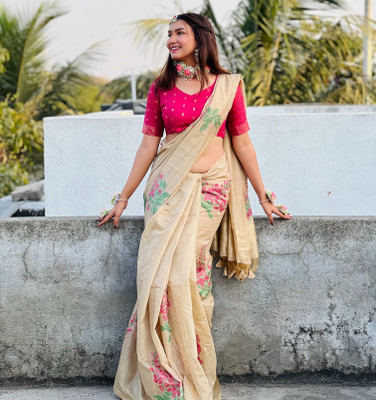 Tasrika Woven Banarasi Cotton Silk Saree(Cream)