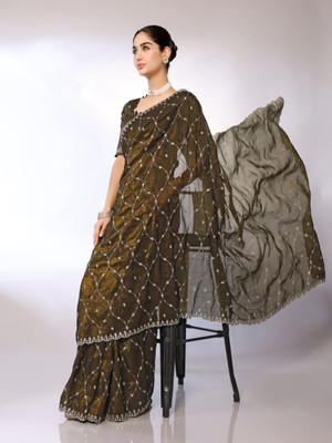 FABMORA Embellished, Embroidered Bollywood Tissue Saree(Dark Green)