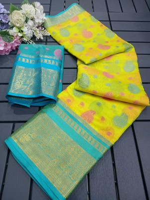 Gajal Self Design Kanjivaram Pure Silk, Organza Saree(Yellow, Blue)