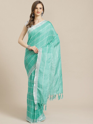 Grubstaker Checkered Bollywood Cotton Silk Saree(Light Blue)