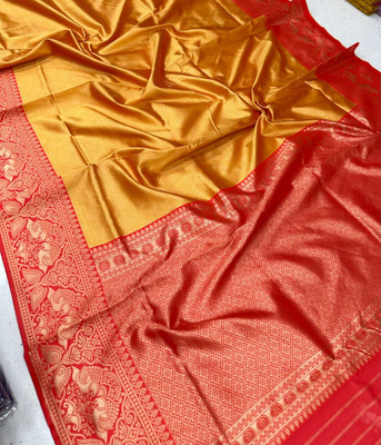 Julee Solid/Plain Banarasi Pure Silk Saree(Yellow, Red)