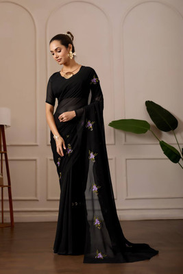 SILKORA Embroidered Bollywood Georgette Saree(Black)
