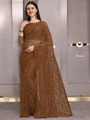 Prisha Fashion Self Design Bollywood Net Saree(Brown)