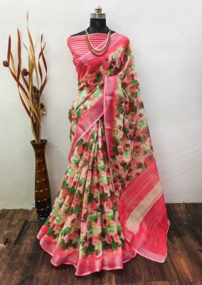 AARAANA Floral Print, Self Design, Striped Kanjivaram Linen, Cotton Linen Saree(Pink)