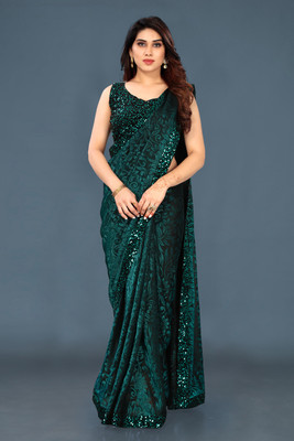HouseOfCommon Self Design Bollywood Lycra Blend Saree(Green)