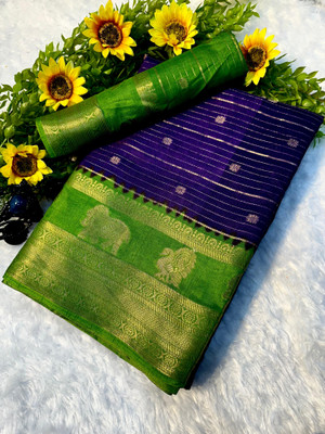 Anuradha Enterprise Striped, Woven, Self Design Mysore Silk Blend Saree(Purple, Green)