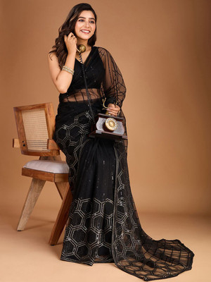 House of Pataudi Woven Daily Wear Net Saree(Black)