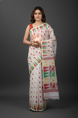 ShivMaya Woven Jamdani Pure Cotton Saree(Multicolor, White)