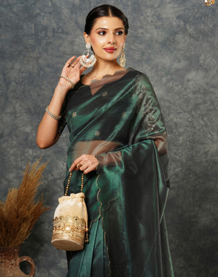 Samah Embroidered, Solid/Plain Bollywood Net Saree(Dark Green)