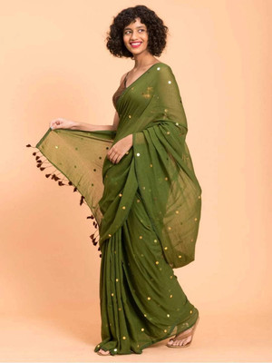 GOLU Solid/Plain, Polka Print Handloom Cotton Blend Saree(Dark Green)