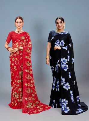 sagarika Printed Daily Wear Georgette Saree(Pack of 2, Black)