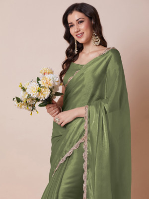 Tasrika Embellished, Solid/Plain Bollywood Organza Saree(Light Green)
