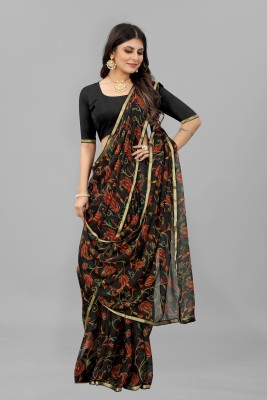 KREZVI Floral Print Bollywood Cotton Blend Saree(Grey)