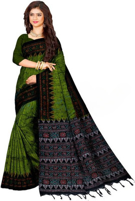 Joyguru Textile Printed Handloom Cotton Blend Saree(Green)