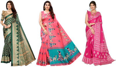 YASHIKA Printed, Woven Daily Wear Art Silk Saree(Pack of 3, Dark Green, Pink)