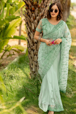 SUBHAM Embroidered, Embellished Bollywood Net Saree(Light Green)