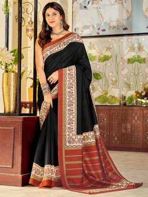 Divastri Printed Bhagalpuri Silk Blend Saree(Black)