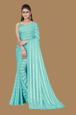 Anand Sarees Striped Bollywood Satin Saree(Light Blue)